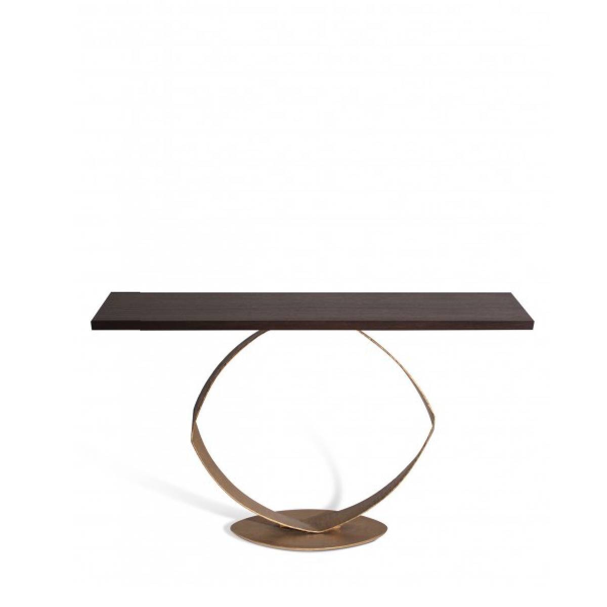 Porta Romana I ’O’ Console Table | French Brass with Darked Fumed Oak Top